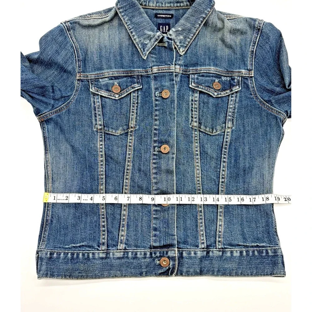 GAP Jean Jacket Womens Size Medium Trucker Blue Denim Stretch Y2K VTG Distressed